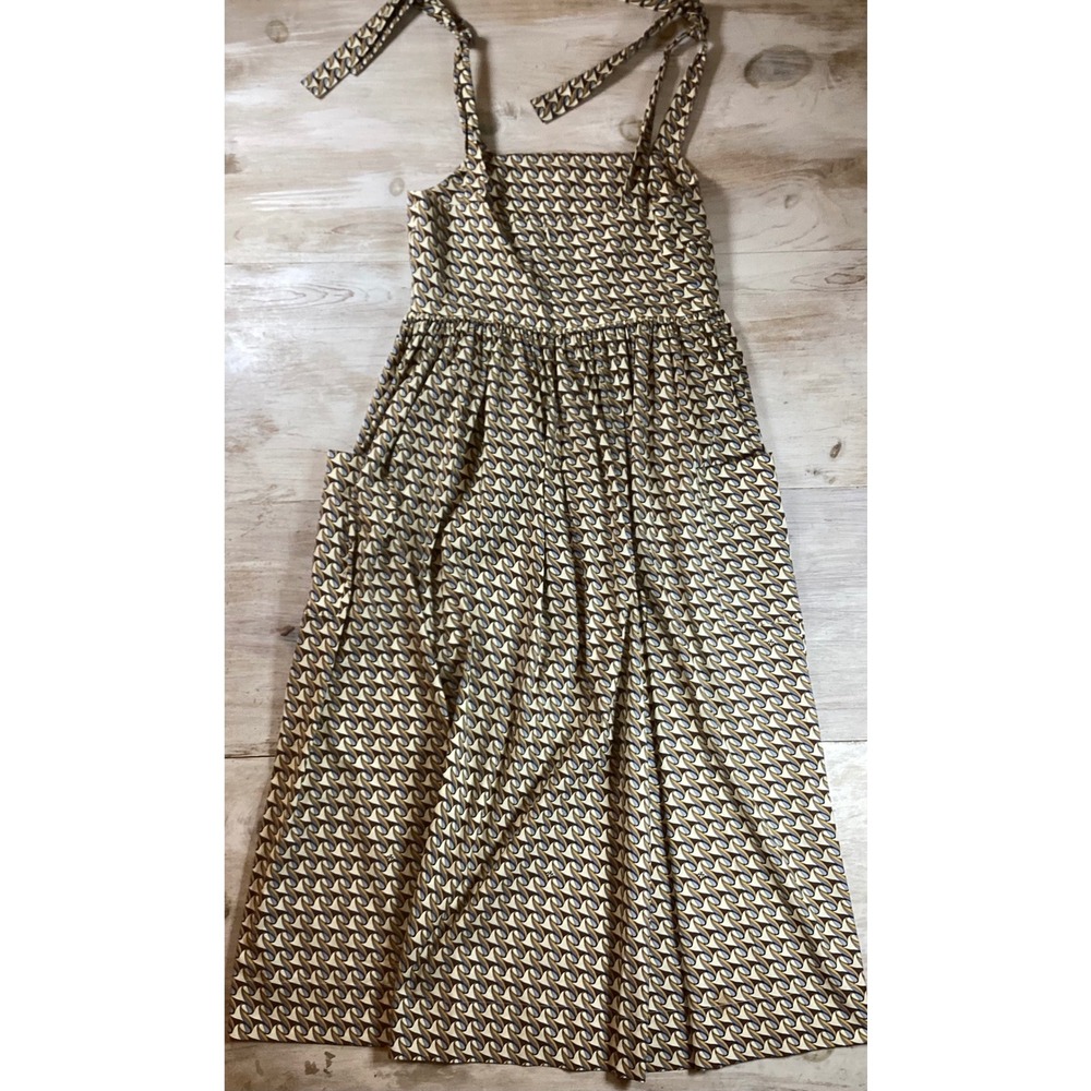 Tory Burch Geometric Print Tie Shoulder Midi Dress Blue Gold Brown Womens Medium